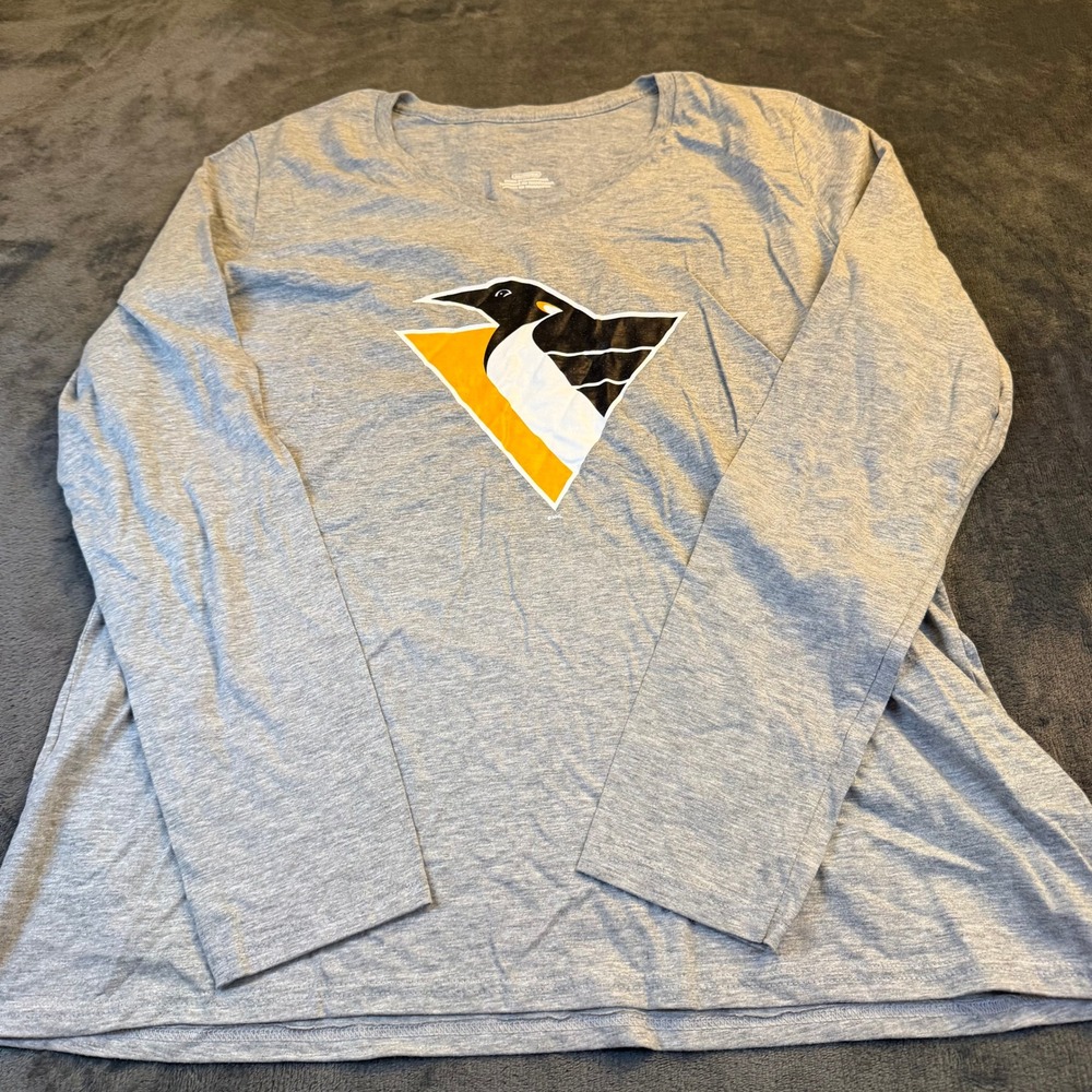 Pittsburgh Penguins Long Sleeve V Neck T Shirt Gray‎ NHL Hockey Womens XL